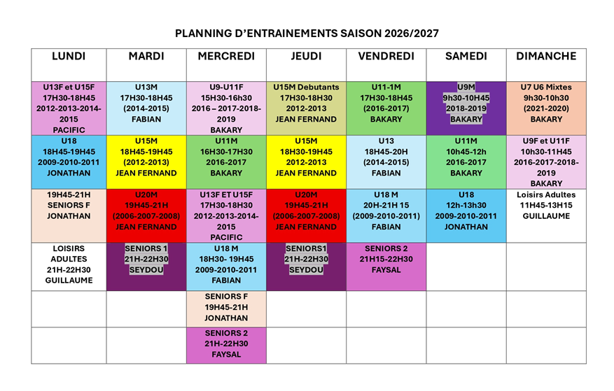 Planning basket saison 2026-2027