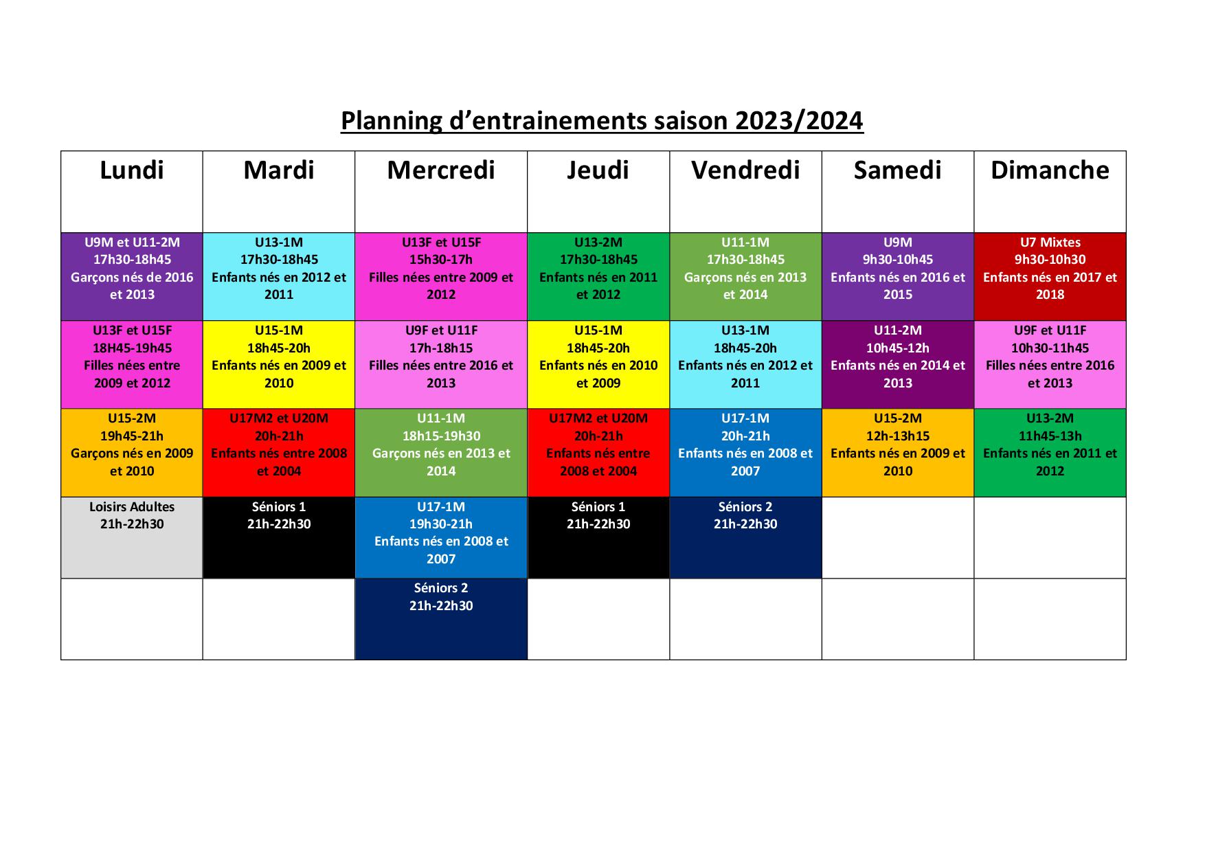 Planning basket saison 2023-2024